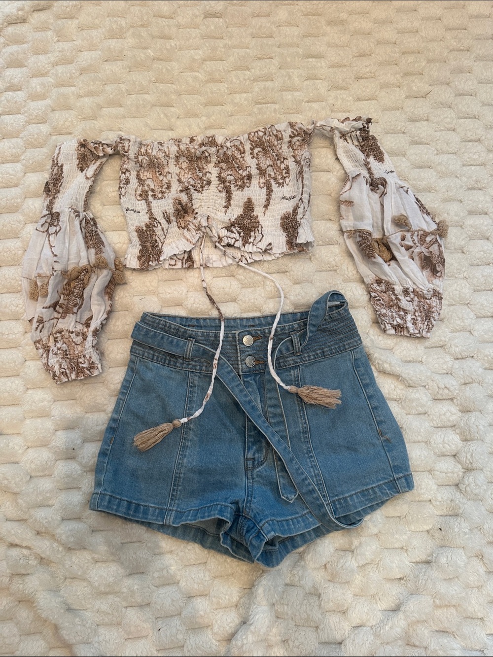 FROM ITALY Smocked Off-Shoulder Crop Top in Cream and Brown